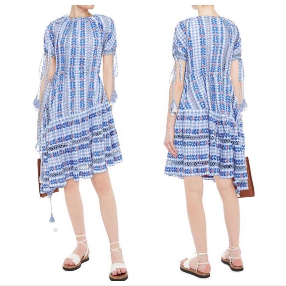 Dodo Bar Or Yolanda Dress Asymmetric Embroidered Check Plaid Cotton-Gauze S NWT